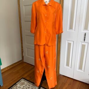 Silks by I.S.C. Orange Two Piece Silk Palm Tree Embroidered Set Tropical Resort